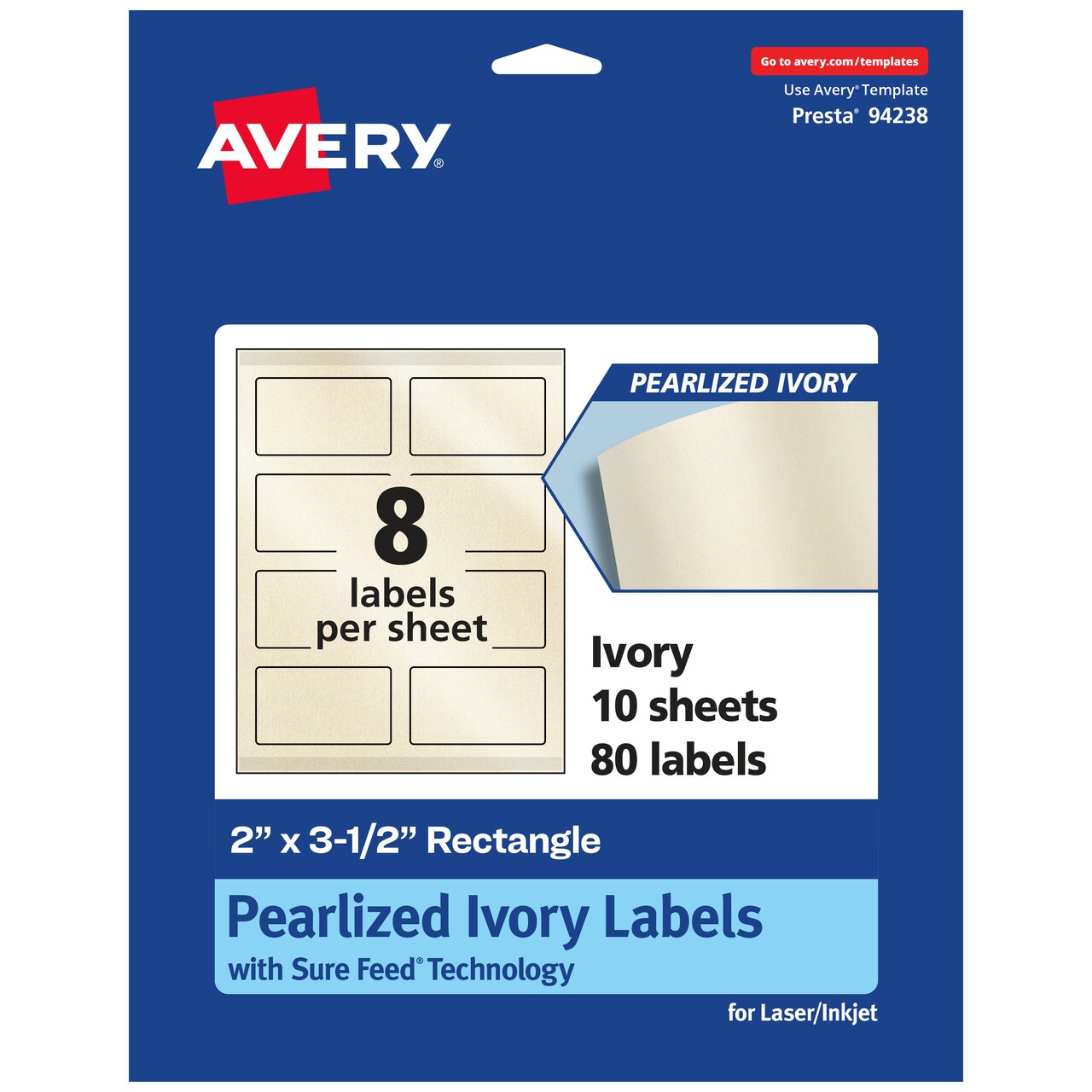 Avery Pearlized Ivory Rectangle Labels with Sure Feed Technology, Print-to-the-Edge, 2" x 3.5"